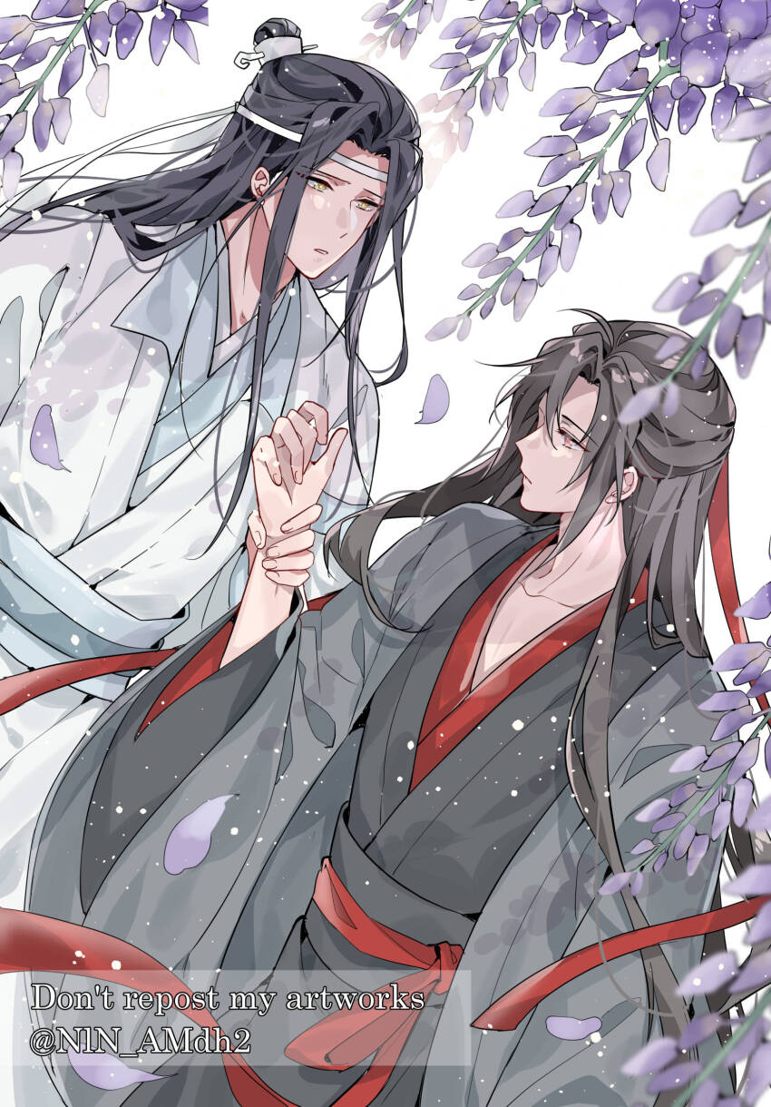 2boys absurdres bishounen black_hair black_hanfu black_robe chinese_clothes coat english_text falling_petals flower grey_coat hair_down hair_ribbon half_updo hanfu headband highres holding_another&#039;s_wrist hyottokoane lan_wangji long_hair long_sleeves looking_at_another male_focus modao_zushi multiple_boys official_alternate_costume official_alternate_hairstyle parted_lips petals purple_flower red_eyes red_ribbon red_sash ribbon robe sash sidelocks topknot twitter_username upper_body watermark wei_wuxian wei_wuxian_(yiling_laozu) white_hanfu white_headband white_robe wide_sleeves wisteria xiao_guan_(headdress) yaoi yellow_eyes