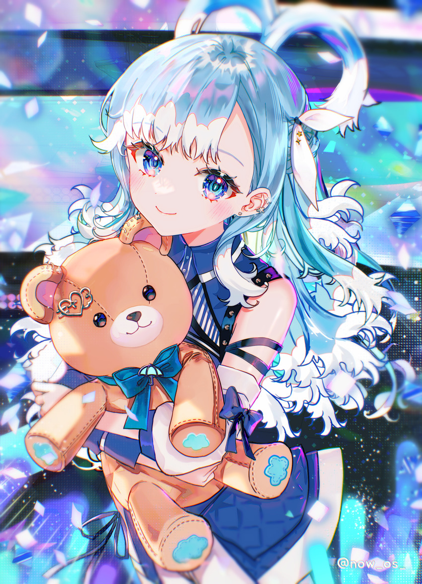 1girl absurdres alternate_costume blue_dress blue_hair blush closed_mouth collared_dress commentary costume_request cowboy_shot detached_sleeves dress ear_piercing earrings hair_ribbon highres holding holding_stuffed_toy hololive hololive_indonesia hugging_doll hugging_object jewelry kobo_kanaeru liquid_hair long_hair looking_at_viewer multicolored_hair parted_bangs piercing ribbon sleeve_bow sleeveless sleeveless_dress smile solo sowon split_ponytail stage_lights star_(symbol) star_earrings stud_earrings stuffed_animal stuffed_toy teddy_bear twitter_username two-tone_hair virtual_youtuber white_hair white_ribbon
