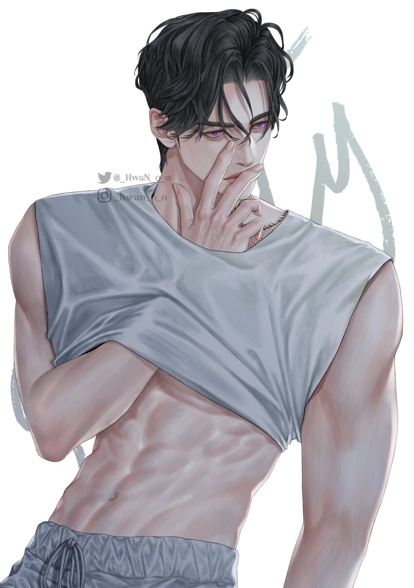 1boy abs animal_nose closed_mouth clothes_lift collarbone_tattoo grey_pants grey_shirt hair_between_eyes hand_under_clothes highres hwan lips looking_to_the_side male_focus muscular muscular_male navel original pants parted_bangs purple_eyes shirt short_hair simple_background sleeveless sleeveless_shirt solo upper_body white_shirt