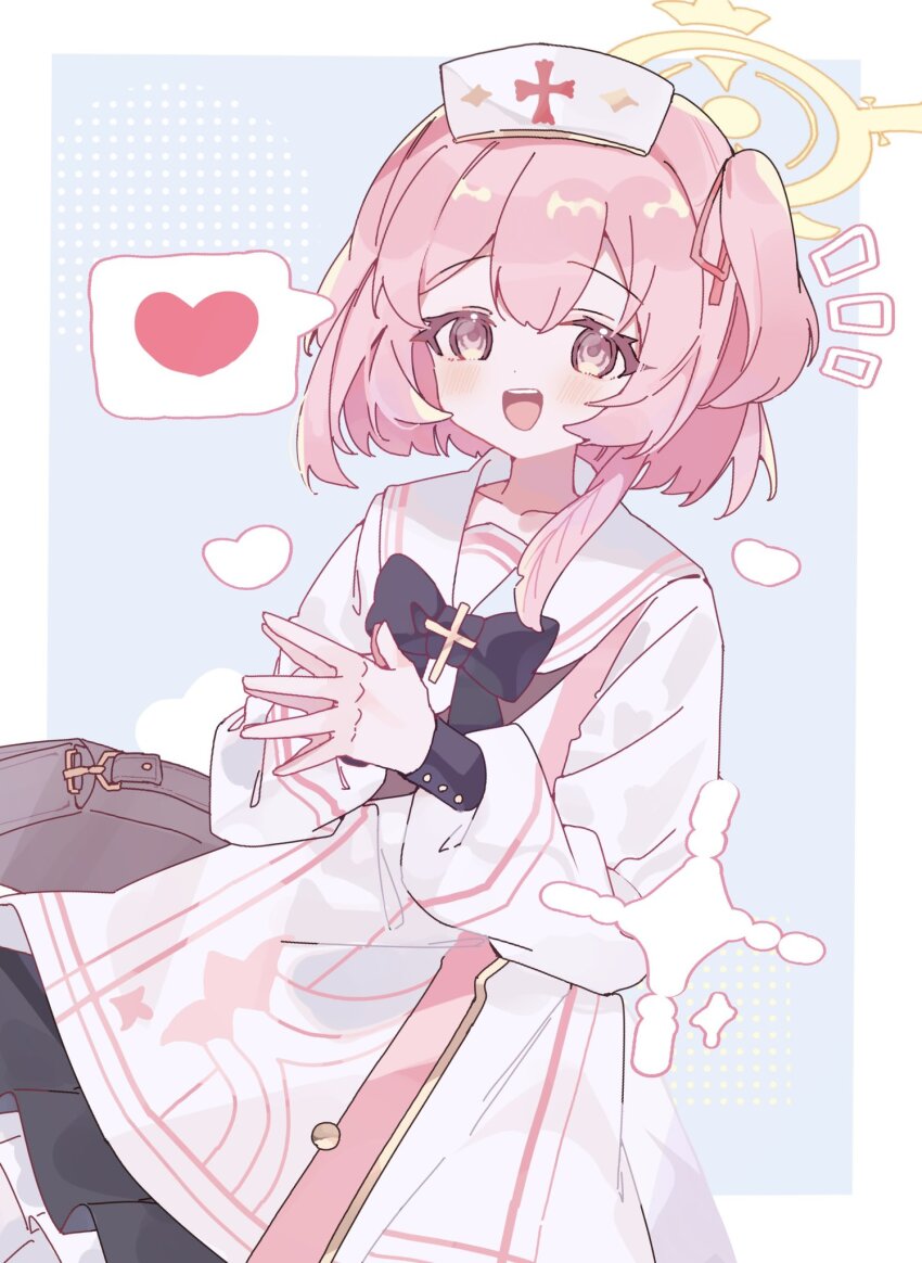 1girl bag blue_archive blush commentary cross cross_patonce cross_print dress feathers halo hat heart highres long_sleeves medium_hair nurse_cap one_side_up open_mouth outside_border pink_eyes pink_hair puffy_long_sleeves puffy_sleeves rco_as sailor_collar sailor_dress serina_(blue_archive) smile solo spoken_heart white_dress white_hat white_sailor_collar yellow_halo