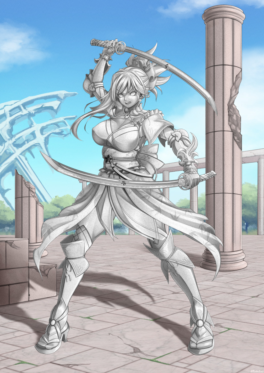 1girl absurdres asymmetrical_bangs breasts dual_wielding earrings fate/grand_order fate_(series) fighting_stance full_body high_heel_sandals highres holding holding_sword holding_weapon jewelry large_breasts looking_at_viewer miyamoto_musashi_(fate) open_mouth petrification pillar punnosalt ruins sandals shadow solo statue sword thighhighs variant_set weapon