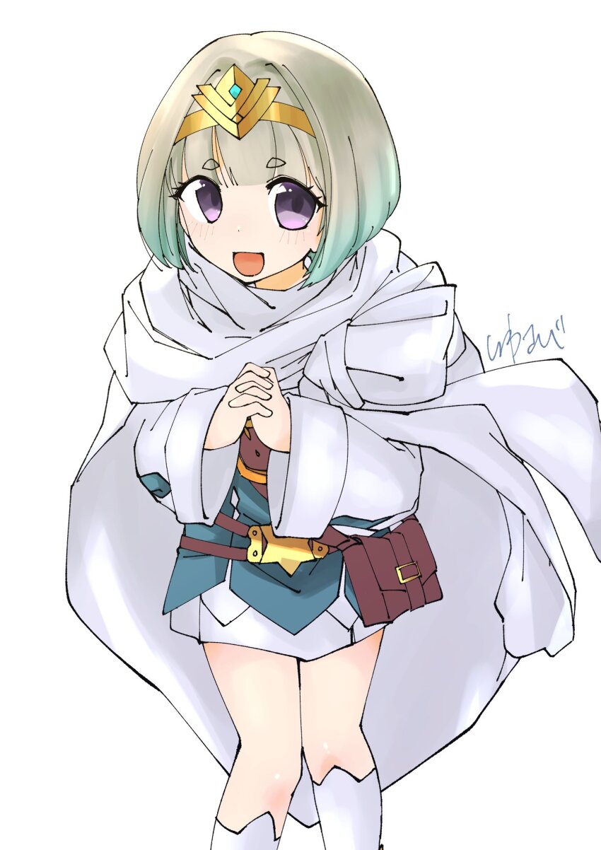 1girl blue_hair feather_trim fire_emblem fire_emblem_heroes gradient_hair highres multicolored_hair nintendo open_mouth purple_eyes short_hair smile studio_sugimoto tiara white_hair ylgr_(fire_emblem)