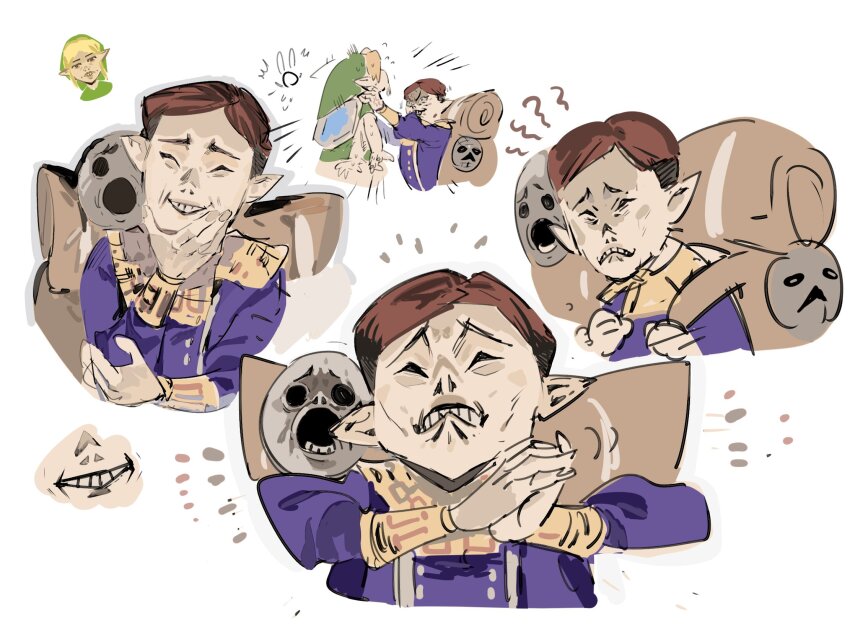 2boys brown_hair closed_mouth green_tunic happy_mask_salesman highres link male_focus mayutsuba_mono multiple_boys multiple_views nintendo phrygian_cap pointy_ears short_hair the_legend_of_zelda the_legend_of_zelda:_majora&#039;s_mask tunic