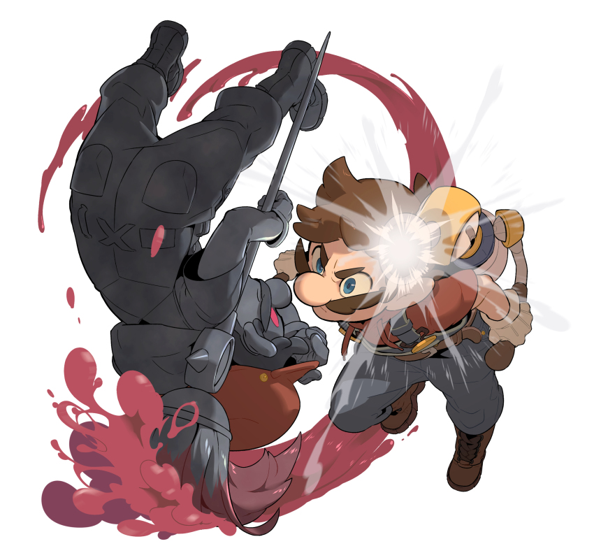 1boy absurdres blue_eyes brown_hair f.l.u.d.d. facial_hair fighting hat highres mario mario_(series) mustache nintendo paintbrush red_eyes redlhzz shadow_mario short_hair super_mario_sunshine water white_background