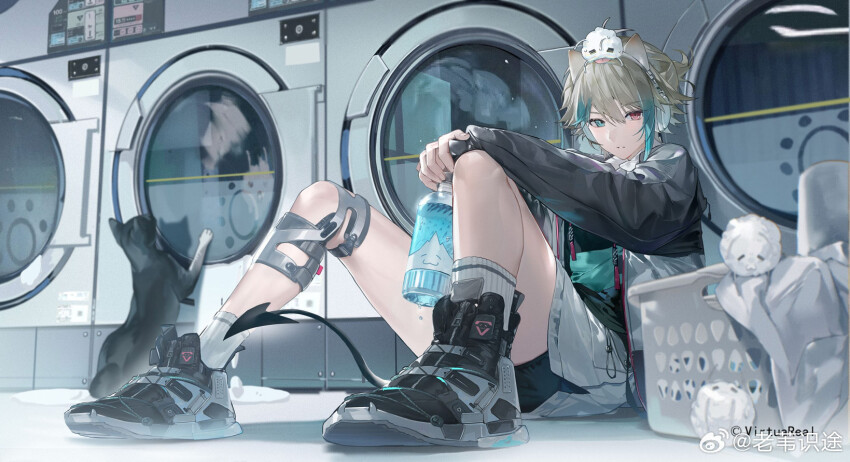 1boy animal_ear_headphones animal_ears aza_(virtuareal) blonde_hair blue_eyes blue_hair bottle cat cat_ear_headphones copyright_notice demon_tail fake_animal_ears foreshortening headphones heterochromia highres holding holding_bottle laowei_shi_tu laundromat laundry_basket looking_at_viewer male_focus nijisanji on_floor pink_eyes shoes sitting sneakers solo tail virtuareal washing_machine