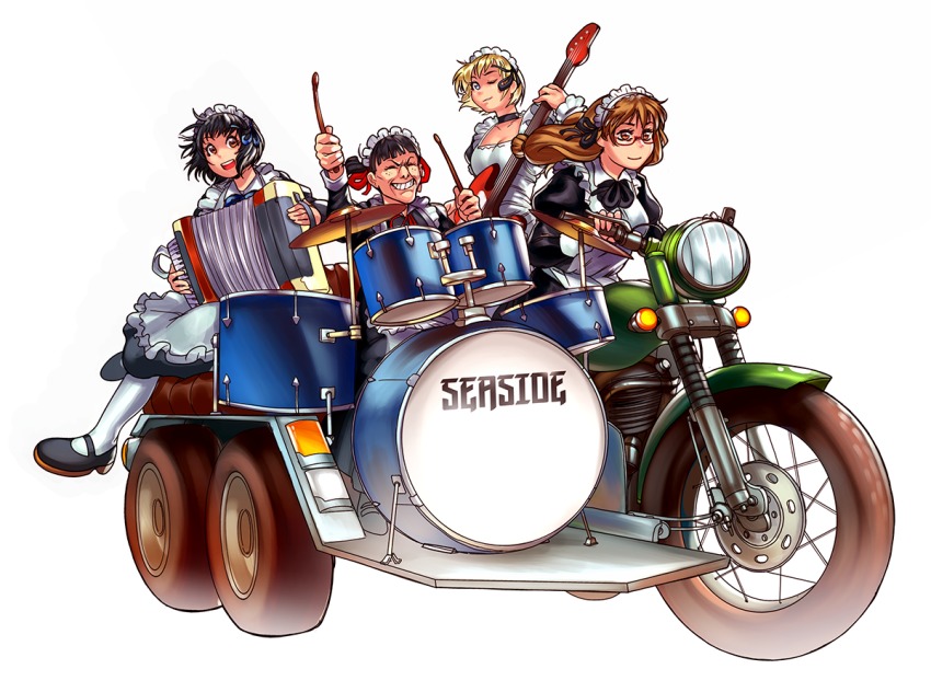 4girls accordion apron arashiyama_hotori band_(music) bass_guitar black_choker black_footwear black_hair blonde_hair blunt_bangs brown_eyes brown_hair choker closed_eyes drum drumsticks electric_guitar freckles full_body glasses grin guitar haribara_harue instrument kon_futaba long_hair looking_at_viewer maid maid_apron maid_headdress mary_janes motor_vehicle motorcycle multiple_girls music one_eye_closed playing_instrument red-framed_eyewear riding semi-rimless_eyewear shoes short_hair sidecar simple_background sitting smile soredemo_machi_wa_mawatteiru tatsuno_toshiko under-rim_eyewear voodoothur white_background white_legwear wink