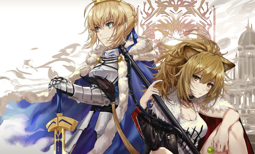 2girls ahoge animal_ears aqua_eyes arknights armor armored_dress artoria_pendragon_(fate) black_jacket blue_cape blush braid breasts brown_eyes brown_hair cape choker cleavage closed_mouth crossover csyday dress excalibur_(fate/stay_night) fate/stay_night fate_(series) fur-trimmed_cape fur-trimmed_jacket fur_trim gauntlets hair_ribbon highres holding holding_weapon jacket kawasumi_ayako lion_ears lion_girl lion_tail multiple_girls nail_polish ponytail ribbon saber_(fate) siege_(arknights) studded_choker sword tail tank_top voice_actor_connection weapon white_tank_top