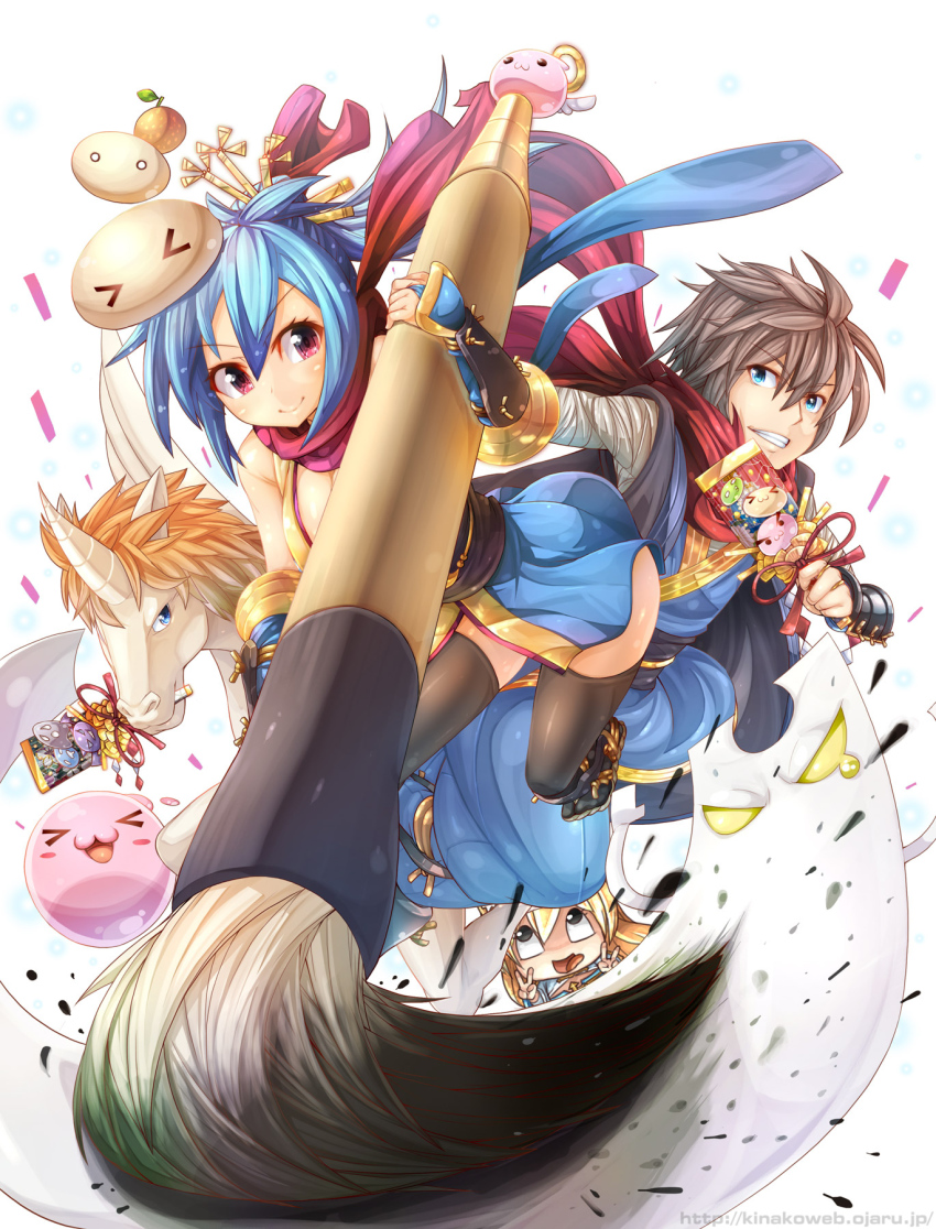 &gt;_&lt; 1boy 2girls ahegao angel_wings arch_bishop_(ragnarok_online) arm_guards bandages bare_shoulders black_legwear blonde_hair blue_eyes blue_hair breasts brown_hair calligraphy_brush cleavage closed_eyes confetti cornus food fruit hair_ornament halo hand_fan highres ink japanese_clothes long_hair looking_at_viewer mandarin_orange multiple_girls ninja ninja_(ragnarok_online) ooyama_kina orange_(fruit) paintbrush poring ragnarok_online red_eyes sandals scarf short_hair smile thighhighs tongue tongue_out unicorn updo v white_background wings zettai_ryouiki