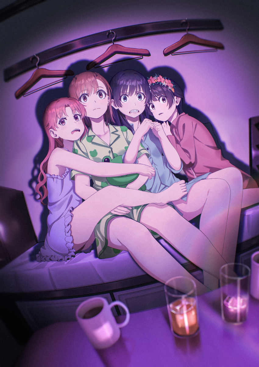 4girls absurdres animal_print barefoot black_hair blue_eyes brown_eyes brown_hair clothes_hanger commentary_request cup frog_print gekota head_wreath highres indoors locked_arms long_hair medium_hair misaka_mikoto multiple_girls nightgown pajamas pension_z purple_nightgown saten_ruiko scared shirai_kuroko short_hair stuffed_animal stuffed_frog stuffed_toy toaru_kagaku_no_railgun toaru_majutsu_no_index uiharu_kazari watching_television wide-eyed