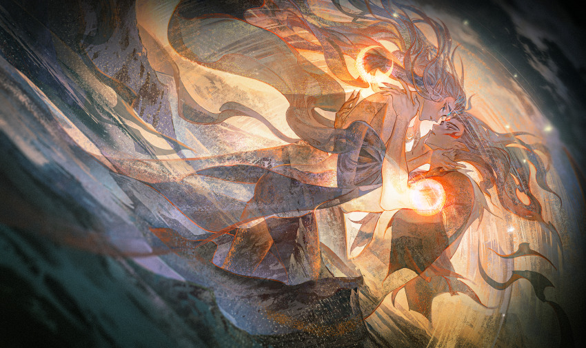 2boys ao_bing_(nezha_zhi_motong_jiangshi) blue_hair closed_eyes dutch_angle eye_contact fire floating floating_hair from_side glowing grey_hair highres long_hair long_sleeves looking_at_another male_focus multiple_boys nezha_(nezha_zhi_motong_jiangshi) nezha_zhi_motong_jiangshi pointy_ears profile robe white_hair wide_sleeves yaoi yinzinmiemie