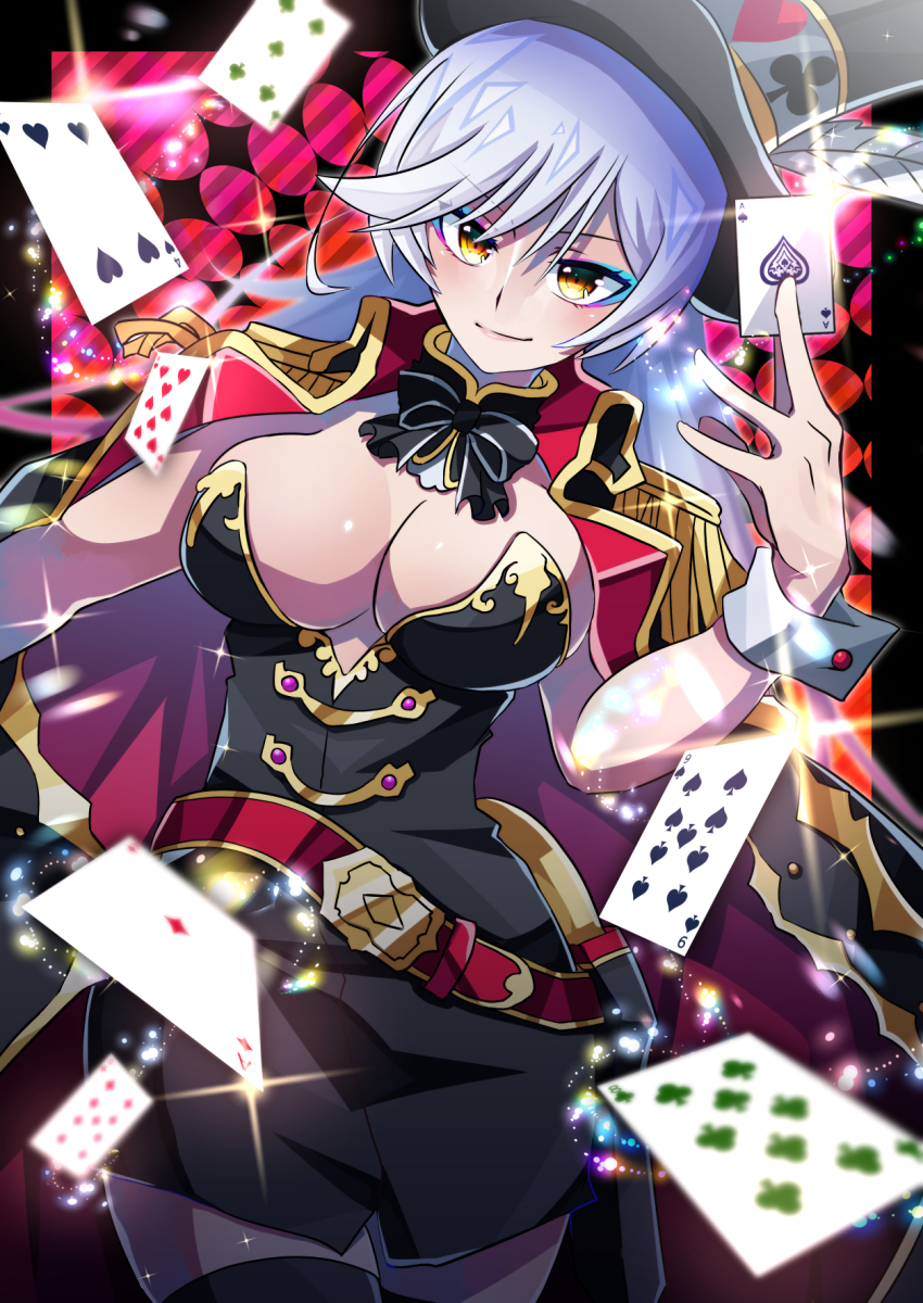 1girl black_ribbon black_skirt black_thighhighs breasts card cleavage cloak gizeric_fausta hat highres iris_mysteria! large_breasts otowaika playing_card ribbon skirt standing thighhighs white_hair yellow_eyes