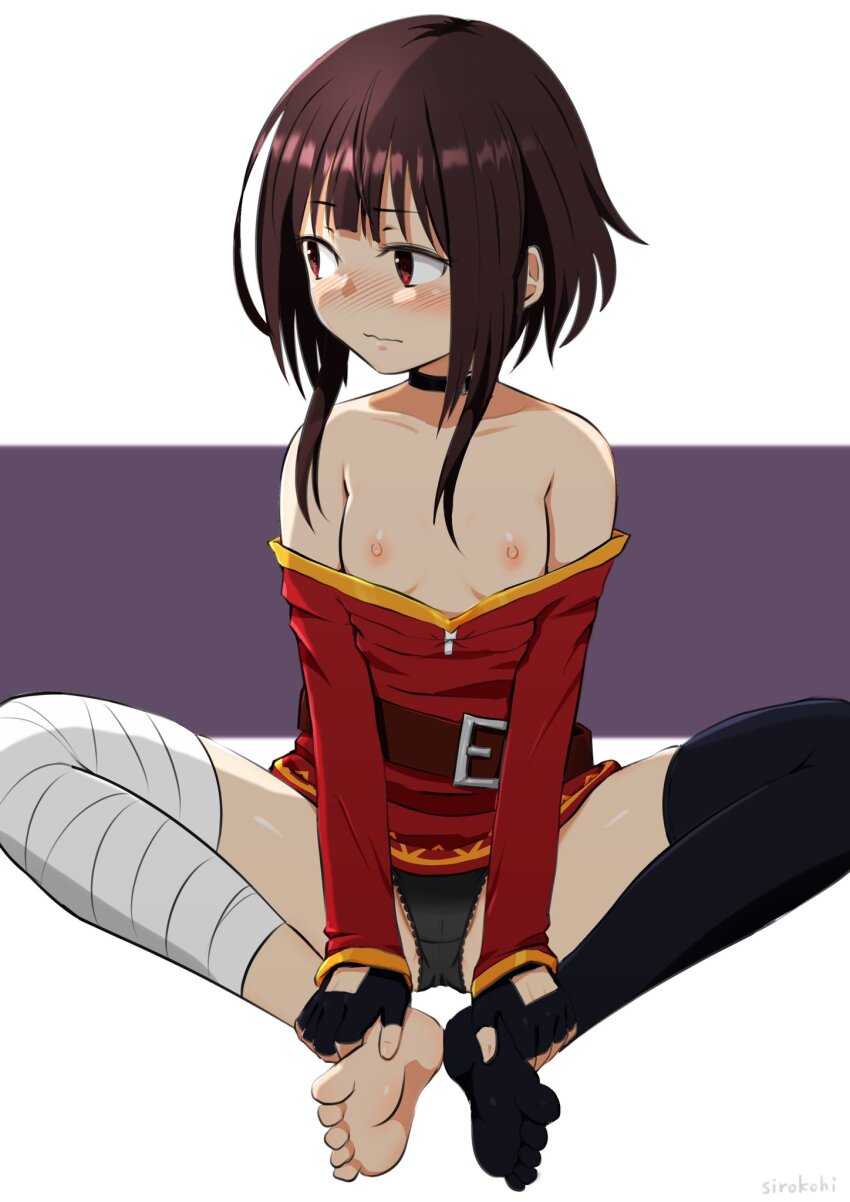 1girl asymmetrical_legwear bandaged_leg bandages belt belt_buckle black_choker black_panties black_thighhighs blunt_ends blush breasts breasts_apart brown_belt brown_hair buckle butterfly_sitting choker choppy_bangs closed_mouth clothes_lift clothes_pull crotch_seam dress dress_lift dress_pull embarrassed feet foot_pussy full_body hands_on_own_feet highres kono_subarashii_sekai_ni_shukufuku_wo! loli long_sidelocks megumin nipples no_bra no_shoes nose_blush off-shoulder_dress off_shoulder panties partially_visible_vulva picot_trim_panties purple_background red_dress red_eyes short_dress short_hair_with_long_locks sidelocks sirokohi sitting small_breasts solo thighhighs toes turning_head two-tone_background underwear variant_set wavy_mouth white_background