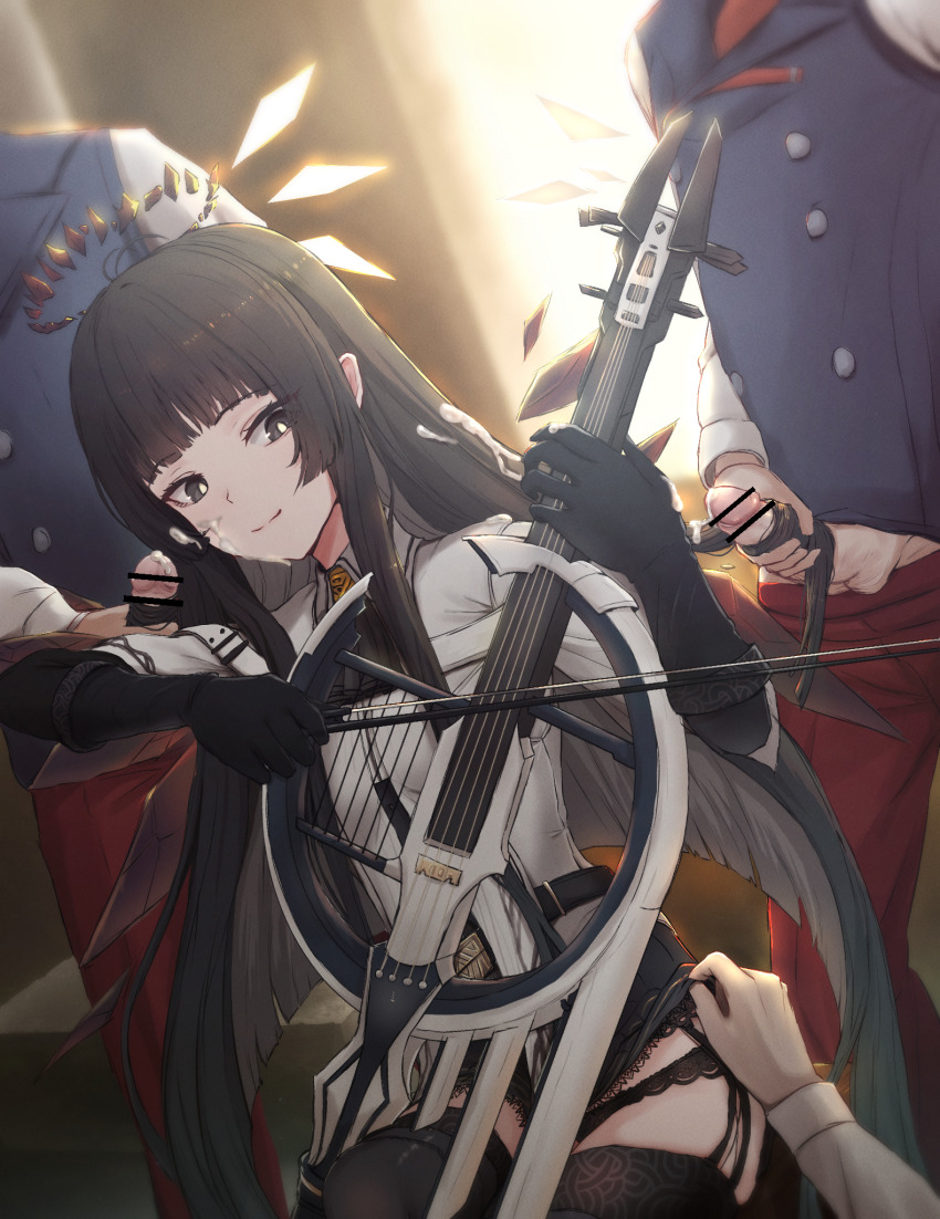 1girl 3boys angel_girl angel_wings arknights bar_censor belt belt_buckle black_eyes black_gloves black_hair black_panties black_skirt blue_vest blunt_bangs broken_halo buckle bukkake buttons cello censored clothes_lift clothes_pull collar cum cum_on_body cum_on_gloves cum_on_hands detached_wings dress_shirt ejaculation facial garter_straps gloves group_sex hairjob halo hetero highres instrument lingerie long_hair long_sleeves male_masturbation masturbation mmmf_foursome multicolored_hair multiple_boys music out_of_frame panties pants pants_pull penis playing_instrument reber red_pants shirt sidelocks sitting skirt skirt_lift smile testicles thighhighs two-tone_hair underwear vest virtuosa_(arknights) white_hair white_shirt window wings yellow_pupils