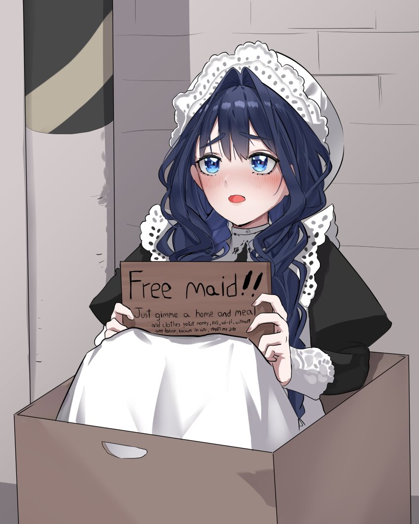 1girl absurdres apron black_dress blue_eyes blue_hair blush bow box braid commentary dress english_commentary english_text for_adoption frilled_apron frilled_hat frills hair_intakes hair_over_shoulder hat highres hololive hololive_english in_box in_container juliet_sleeves koizumi_arata long_hair long_sleeves low_twin_braids low_twintails maid maid_apron mob_cap official_alternate_costume open_mouth ouro_kronii ouro_kronii_(maid) puffy_sleeves puritan_collar sign solo twin_braids twintails victorian_maid virtual_youtuber white_apron white_hat