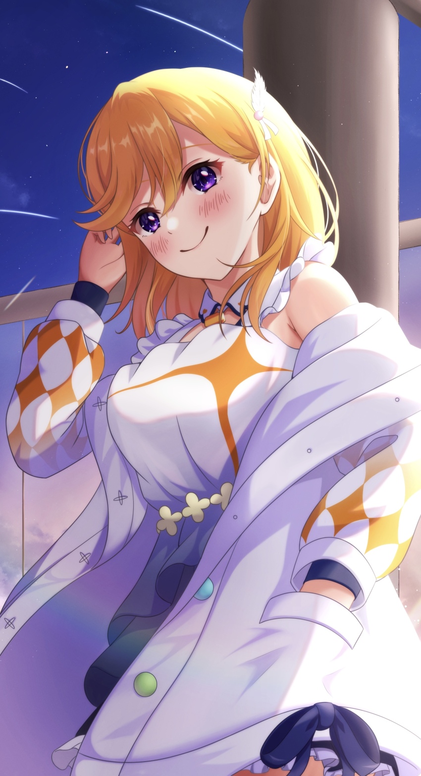 1girl absurdres armpit_crease black_dress blush breasts closed_mouth commentary cropped detached_collar dress frilled_dress frills gradient_clothes gradient_dress hajimari_wa_kimi_no_sora hand_in_pocket hand_up highres jacket long_hair long_sleeves looking_at_viewer love_live! love_live!_superstar!! medium_breasts off_shoulder official_alternate_costume orange_hair purple_eyes sa07_drawing shibuya_kanon shooting_star sleeveless sleeveless_dress smile solo white_dress white_jacket