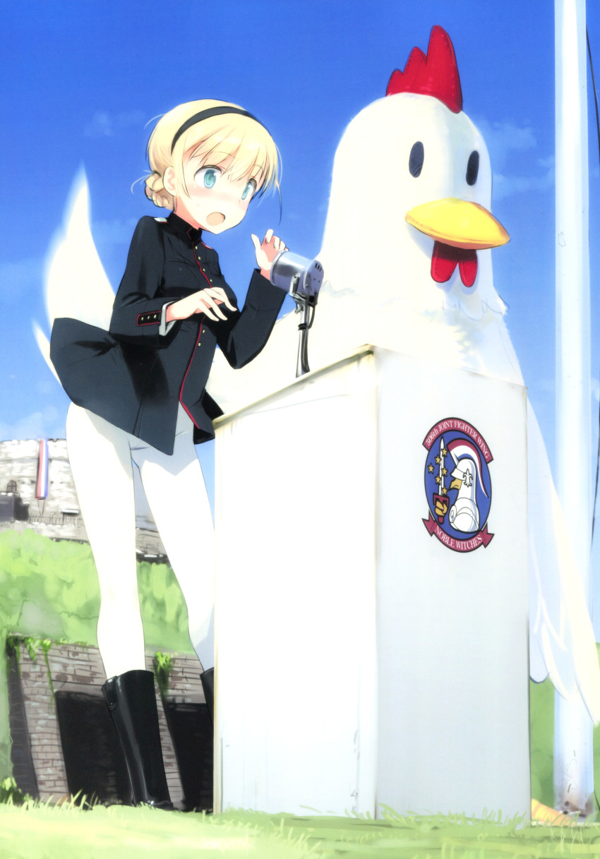 1girl absurdres blonde_hair blue_eyes boots braid braided_bun chicken_costume day hair_bun hairband highres mascot_costume microphone military military_uniform noble_witches non-web_source official_art pantyhose podium rosalie_de_hemricourt_de_grunne scan shimada_fumikane short_hair sky surprised world_witches_series