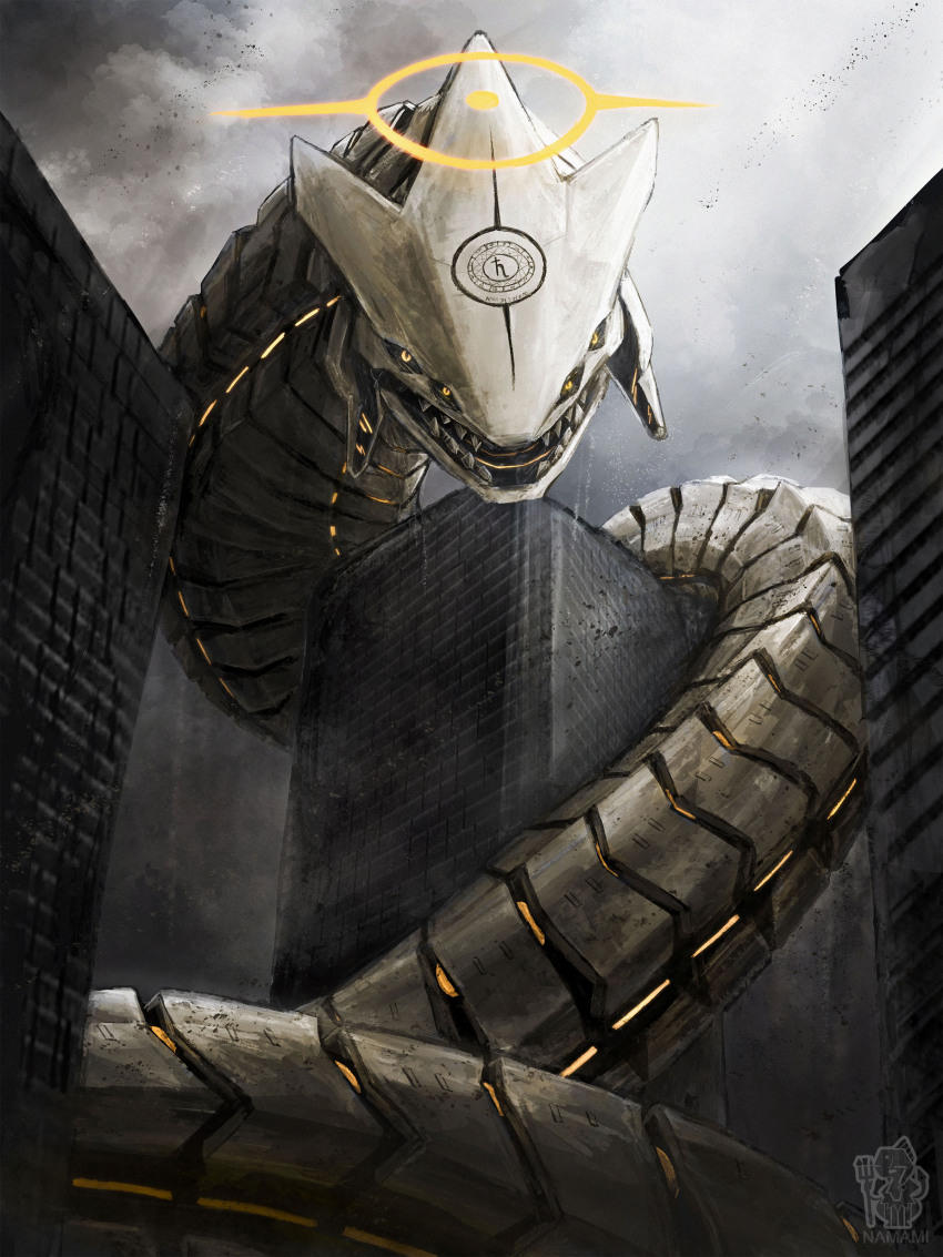 absurdres animal animal_focus artist_logo artist_name binah_(blue_archive) blue_archive building cloud cloudy_sky coiled commentary_request dark_clouds extra_eyes giant_snake glowing_lines halo hebrew_text highres logo looking_at_viewer mecha namami_(namami0115) no_humans non-humanoid_robot open_mouth oversized_animal photoshop_(medium) robot robot_animal sharp_teeth sky snake teeth white_snake yellow_eyes yellow_halo