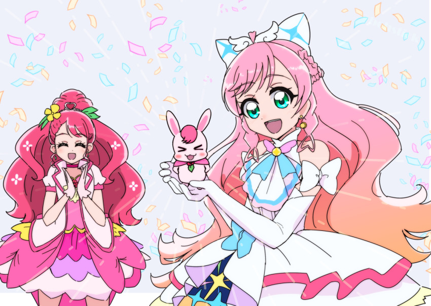 &gt;_&lt; 2girls ascot blue_bow boh_stick bow braid brooch choker clapping closed_eyes commentary confetti crown_braid cure_grace cure_prism dress dress_bow earrings elbow_gloves flower flower_brooch glove_bow gloves green_eyes green_ribbon hair_bow hair_flower hair_ornament hair_ribbon hanadera_nodoka healin&#039;_good_precure heart heart_hair_ornament hirogaru_sky!_precure in-franchise_crossover jacket jewelry kakuma_ai layered_dress long_hair looking_at_viewer magical_girl medium_dress multiple_girls nijigaoka_mashiro open_mouth pink_choker pink_dress pink_hair pink_jacket precure puffy_short_sleeves puffy_sleeves rabbit rabirin_(precure) ribbon short_dress short_sleeves side_braids sleeveless sleeveless_dress smile standing voice_actor_connection white_bow white_gloves wide_ponytail yellow_ascot yellow_flower