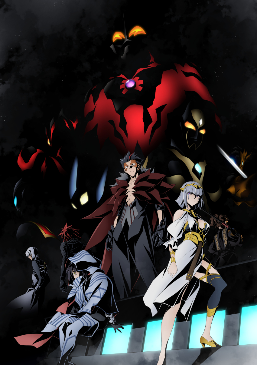 2girls 4boys absurdres alien arm_blade arm_scarf black_bodysuit black_cape black_hair blue_eyes bodysuit brown_hair camearra cape capelet claws color_timer creature dai-kaijuu_battle_ultra_ginga_densetsu_the_movie dark_zagi darkness_heels darkness_heels_lili evil_tiga facial_mark facial_tattoo fingernails formal_clothes glowing glowing_eyes gradient_eyes green_eyes grey_suit highres holding holding_sword holding_weapon horns humanization jugglus_juggler katana kneehighs leg_warmers lili_(darkness_heels) long_fingernails mega_monster_battle:_ultra_galaxy_legends_the_movie multicolored_bodysuit multicolored_eyes multiple_boys multiple_girls muscular official_art orange_eyes red_eyes red_hair scar shoulder_blades single_horn single_kneehigh single_sock sliver socks suit sword tattoo tokusatsu tsunashima_shirou ultra_galaxy_(series) ultra_series ultraman_belial ultraman_geed_(series) ultraman_orb_(series) ultraman_tiga:_the_final_odyssey ultraman_tiga_(series) weapon white_hair yellow_eyes