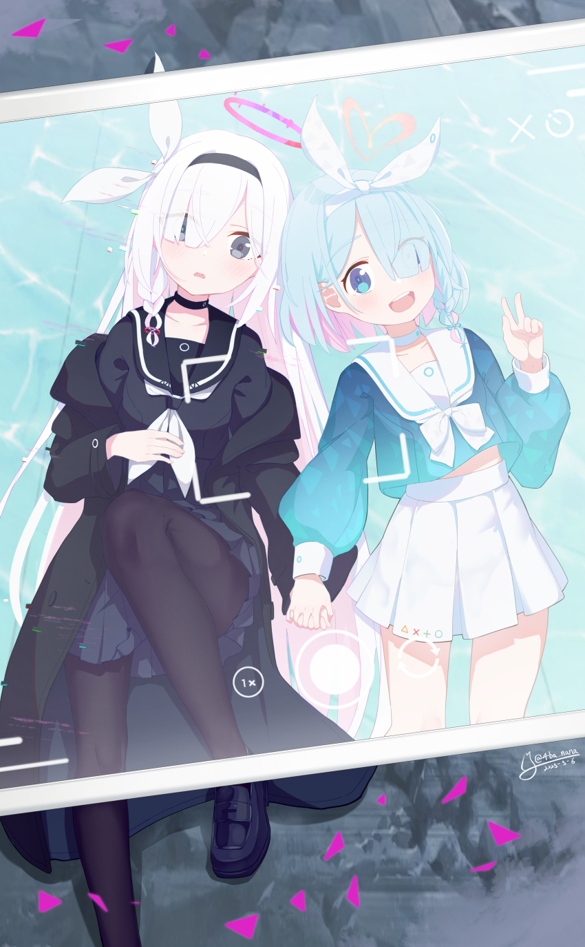 2girls 4ba_nana absurdres arona_(blue_archive) artist_name augmented_reality black_choker black_coat black_eyes black_footwear black_hairband black_pantyhose black_sailor_collar black_serafuku black_shirt black_skirt blue_archive blue_eyes blue_hair blue_pupils blue_serafuku blue_shirt blush braid buttoned_cuffs buttons cellphone_photo choker coat coat_partially_removed collarbone colored_inner_hair commentary cropped_legs dated eyes_visible_through_hair glitch hair_over_one_eye hair_ribbon hairband halo heart heart_halo highres holding_hands interlocked_fingers light_blue_hair loafers long_hair long_sleeves midriff_peek miniskirt mismatched_pupils multicolored_hair multiple_girls open_clothes open_coat open_mouth pantyhose pink_hair pink_halo pink_pupils plana_(blue_archive) pleated_skirt puffy_long_sleeves puffy_sleeves ribbon sailor_collar sailor_shirt school_uniform serafuku shirt shoes short_hair side_braid single_braid skirt taking_picture teeth twitter_username two-tone_hair upper_teeth_only v very_long_hair viewfinder white_choker white_hair white_hairband white_ribbon white_sailor_collar white_skirt