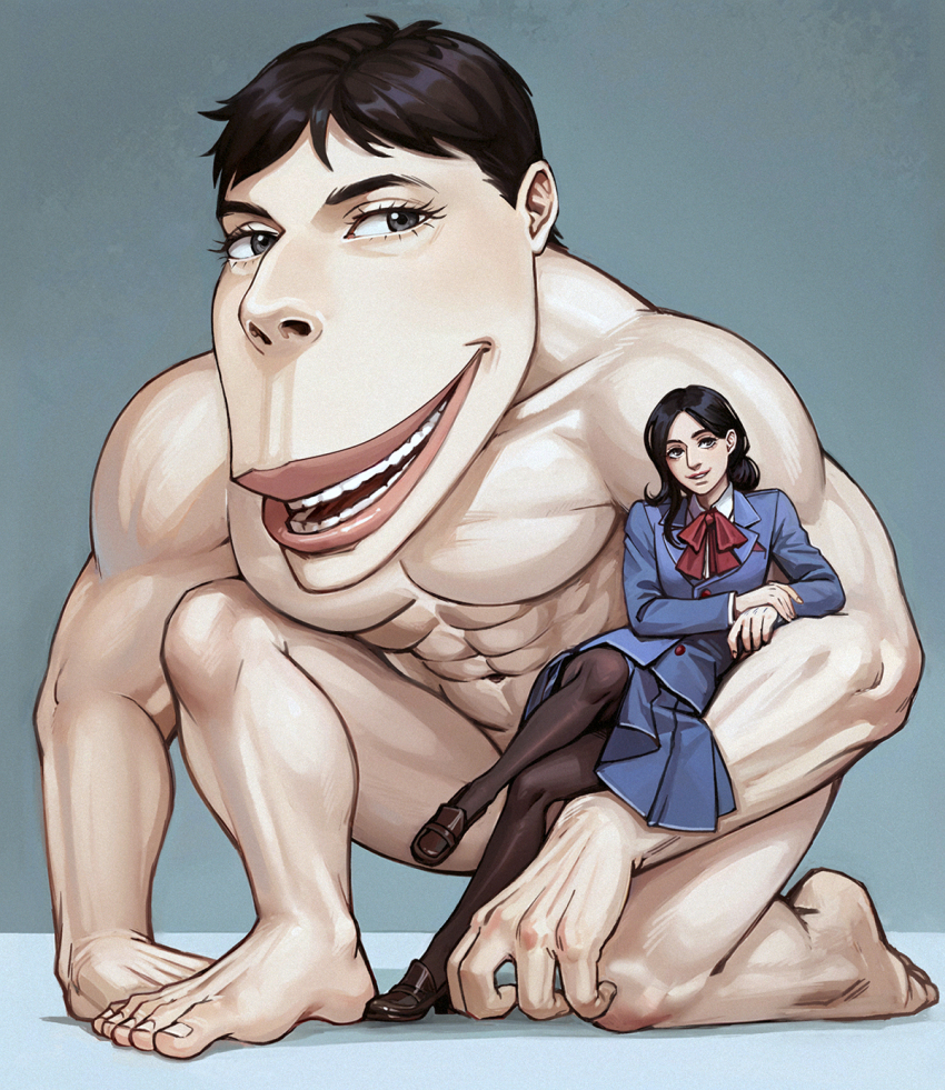 1girl 1other abs adelheid_(moschiola) barefoot black_eyes black_footwear black_hair black_leggings blue_coat blue_skirt bow bowtie cart_titan coat completely_nude full_body grin highres leggings long_sleeves looking_at_viewer medium_hair muscular nude on_one_knee open_mouth pectorals pieck_finger red_bow red_bowtie shingeki_no_kyojin short_hair sitting skirt smile teeth titan_(shingeki_no_kyojin)