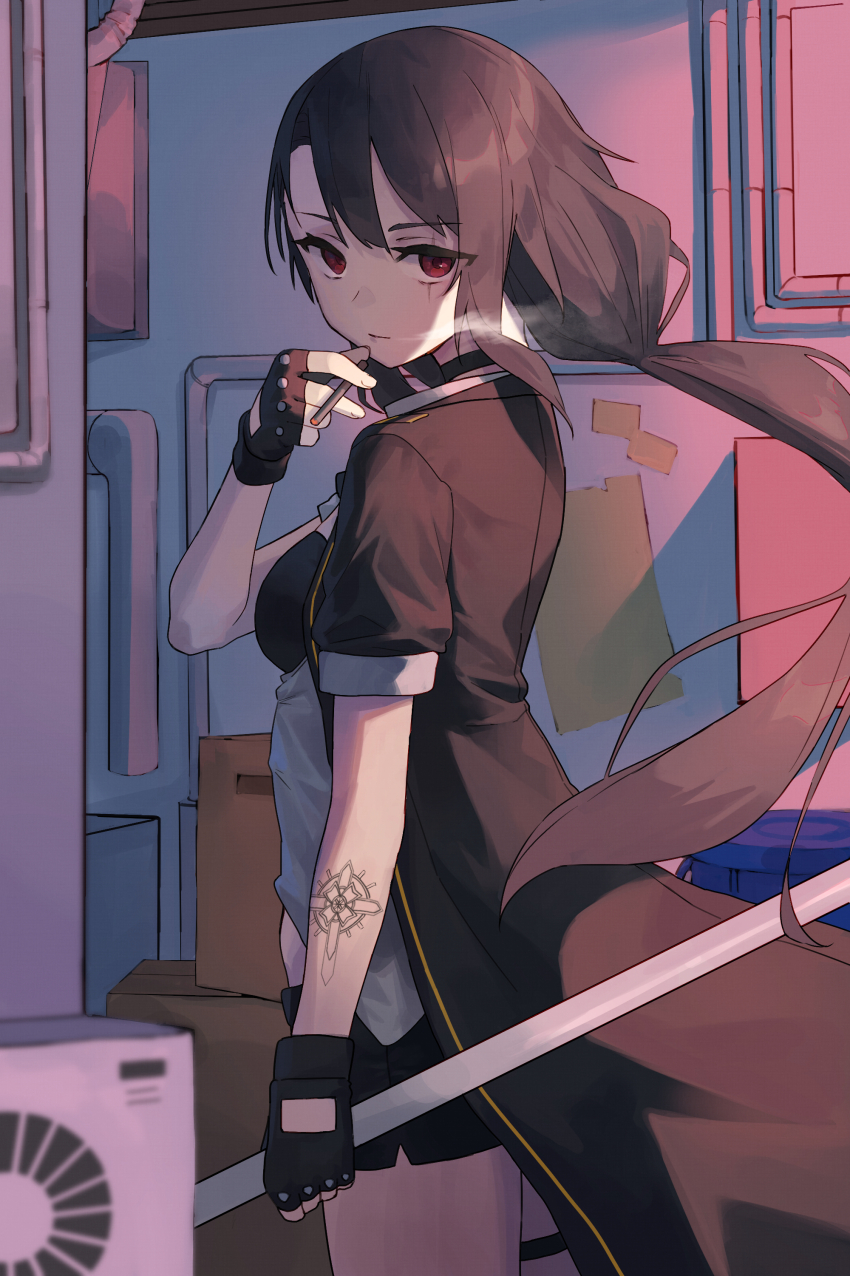1girl absurdres arm_tattoo black_gloves black_hair cigarette closed_mouth fingerless_gloves gloves highres holding holding_cigarette long_hair original red_eyes scar scar_across_eye scar_on_face short_sleeves smoking solo standing tattoo thiepriest