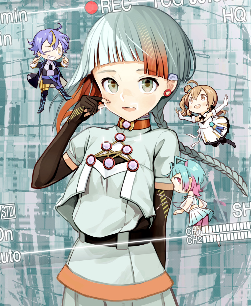 1boy 3girls absurdres aisuu_(voisona) asymmetrical_legwear belt bike_shorts_under_skirt black_gloves black_jacket blonde_hair blue_hair blue_skirt blunt_bangs braid brown_eyes brown_hair cevio cheek_pinching chis-a colored_inner_hair colored_tips commentary dress earrings elbow_gloves fingerless_gloves gloves green_eyes green_hair green_shirt green_skirt hand_on_own_cheek hand_on_own_face highres jacket jewelry kari_kenji kirune_(voisona) long_hair looking_at_viewer mini_person miniboy minigirl multicolored_hair multiple_girls open_mouth orange_hair outstretched_arms pinching pink_hair pink_shorts pleated_skirt purple_hair recording red_eyes satou_sasara shirt shorts sideways_glance skirt solo_focus musical_staff streaked_hair two-tone_hair voisona white_dress white_gloves yellow_eyes