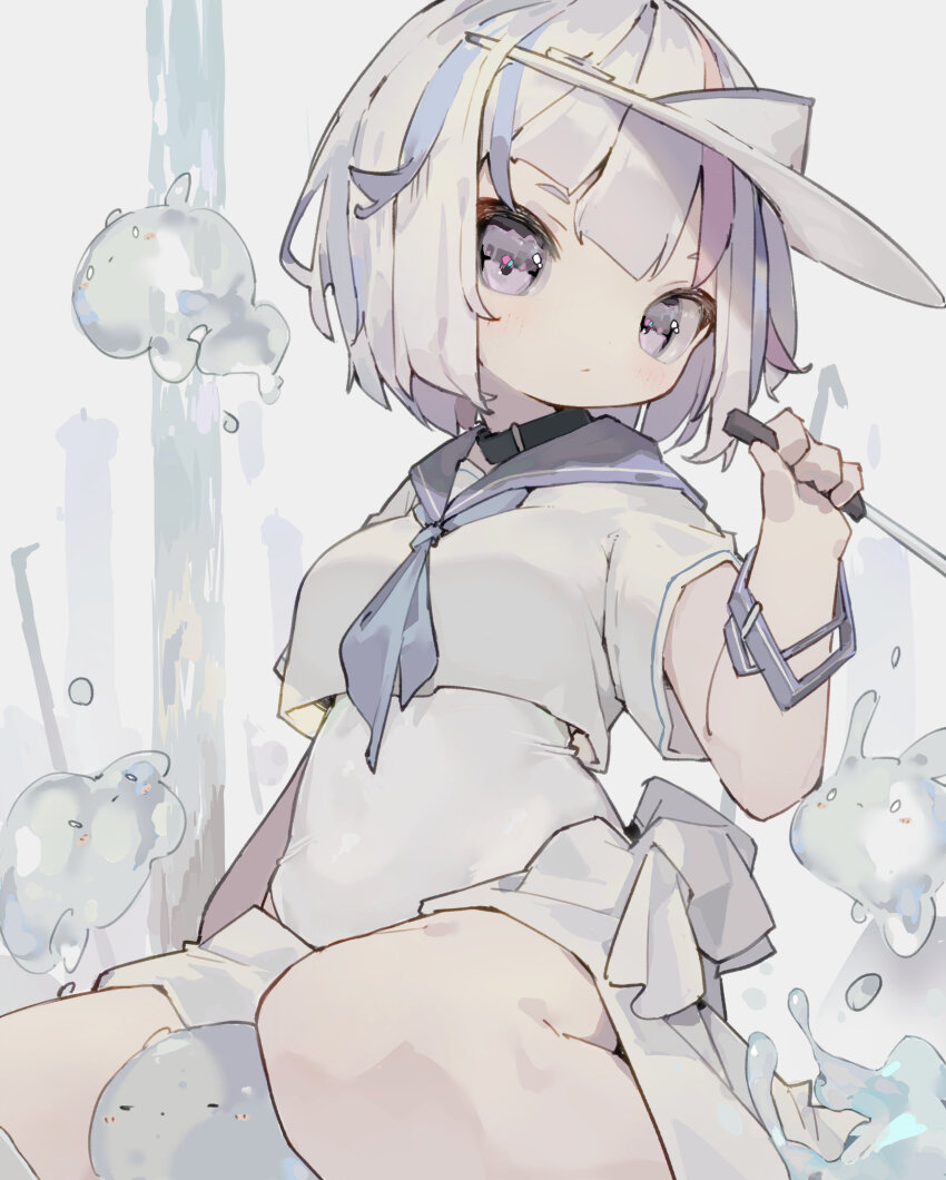 1girl absurdres black_collar blue_hair blue_neckerchief blue_sailor_collar breasts closed_mouth collar commentary creature crop_top crop_top_overhang dated_commentary expressionless grey_eyes hand_up highres holding holding_knife knife leotard multicolored_hair neckerchief nep_(nep_76) original petite red_hair sailor_collar sailor_shirt shirt short_hair short_sleeves sitting small_breasts solo streaked_hair symbol-only_commentary white_hair white_leotard white_shirt