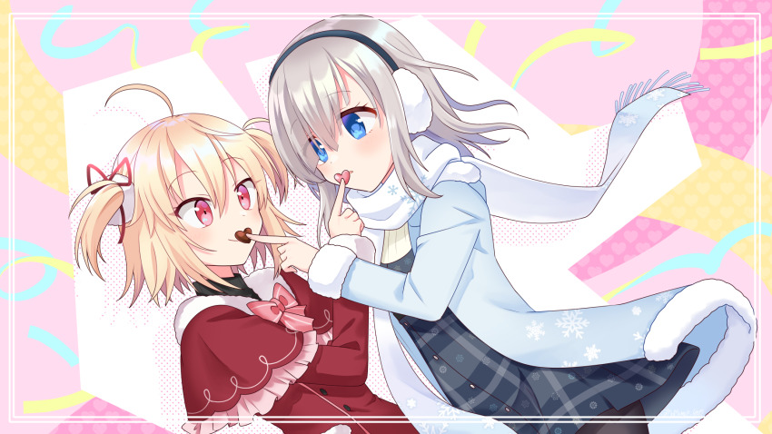 2girls ahoge ayano_rika ayano_rika_(winter_costume) blonde_hair blue_coat blue_eyes candy capelet chocolate chocolate_heart coat commentary_request cowboy_shot earmuffs feeding food grey_hair hair_over_one_eye hair_ribbon hand_up heart heart-shaped_food highres holding holding_chocolate holding_food isuzu_ren isuzu_ren_(winter_costume) long_sleeves magia_record:_mahou_shoujo_madoka_magica_gaiden mahou_shoujo_madoka_magica momo_tomato multiple_girls official_alternate_costume red_capelet red_eyes ribbon scarf short_hair smile standing two_side_up valentine white_scarf winter_clothes yuri