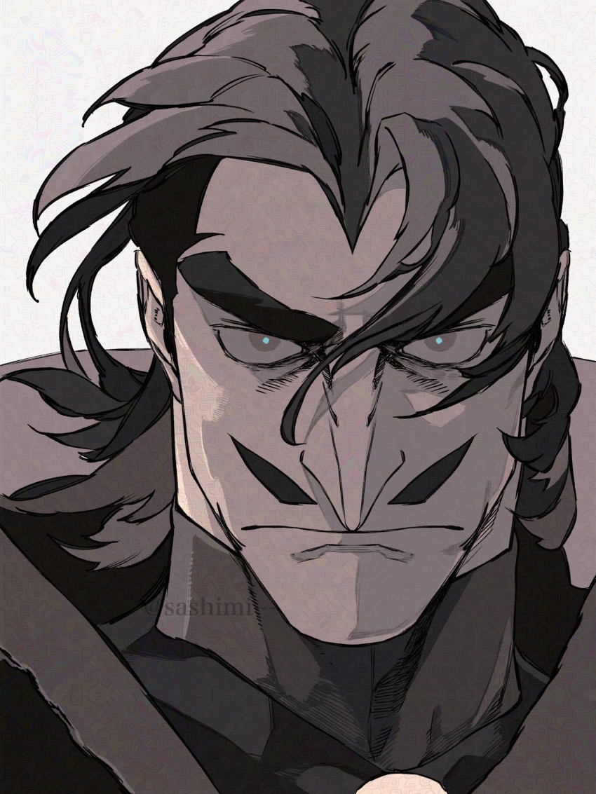 1boy aquiline_nose bright_pupils desha_(ousama_ranking) facial_hair greyscale highres huge_eyebrows looking_at_viewer male_focus mature_male monochrome mustache nose ousama_ranking pencil_mustache portrait sanpaku sashimi_oran serious short_hair tsurime wind