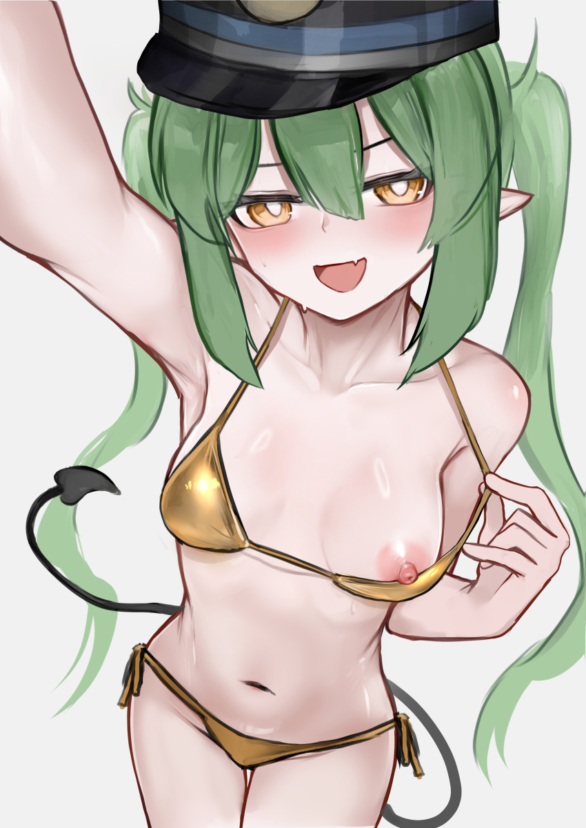 1girl absurdres bikini blue_archive breasts commentary demon_tail fang gold_bikini green_hair hair_between_eyes highres loli long_hair navel nipples nozomi_(blue_archive) open_mouth pointy_ears skin_fang small_breasts solo stomach swimsuit symbol-only_commentary tail twintails wawamachi yellow_eyes