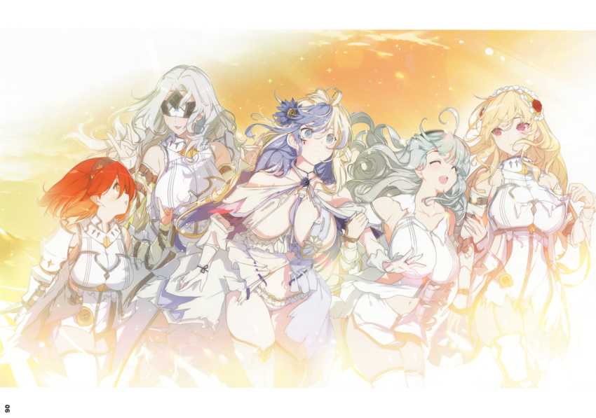 5girls :3 absurdres armor blindfold blonde_hair blue_hair breast_curtains breasts cleavage closed_eyes clothing_cutout drill_hair facial_tattoo flower flower_bra garter_straps ginrei_(senran_kagura) grey_hair hair_flower hair_ornament hairband headband highres kureha_(senran_kagura) large_breasts leaf_print leg_armor leo_(senran_kagura) light_blush locked_arms long_hair magazine_scan maple_leaf_print medium_hair multicolored_hair multiple_girls navel navel_cutout official_art open_mouth orange_eyes orange_hair pink_eyes print_hairband purple_petals red_flower red_hair red_rose ribbon-trimmed_garter rose scan senran_kagura senran_kagura_new_link skindentation smile sparkle suiren_(senran_kagura) sunflower sunflower_hair_ornament sunlight tamayura_(senran_kagura) tattoo thighhighs torn_clothes two-tone_hair v-bangs white_eyes white_garter_straps white_hair yaegashi_nan