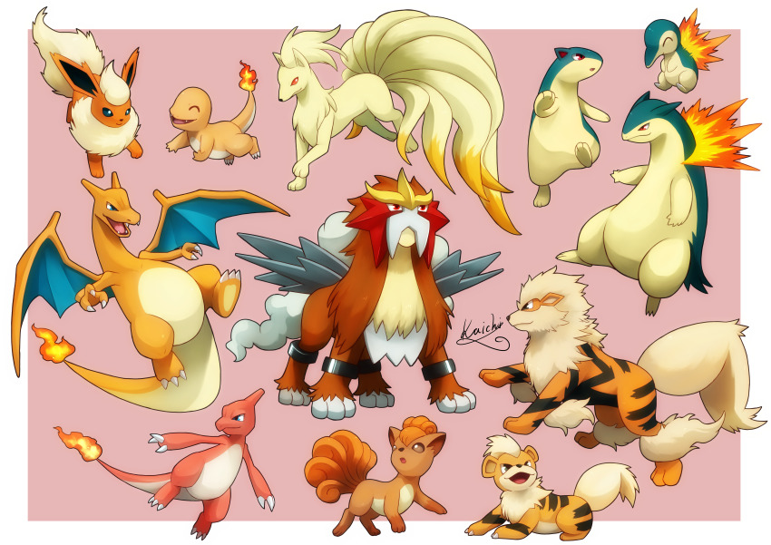 :o absurdres arcanine border charizard charmander charmeleon claws closed_mouth commentary_request cyndaquil entei fangs fire flame-tipped_tail flareon gen_1_pokemon gen_2_pokemon growlithe highres kaichi_(tomiyu25) legendary_pokemon ninetales nintendo no_humans open_mouth pink_background pokemon pokemon_(creature) quilava signature smile tail typhlosion vulpix white_border
