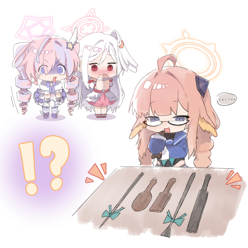 3girls ahoge black_gloves black_leotard blue_archive blue_eyes blue_shirt blush braid covering_own_mouth dress drill_hair glasses gloves hair_over_one_eye halo head_wings highres kuro11kii leotard looking_at_another multicolored_hair multiple_girls off-shoulder_dress off_shoulder open_mouth orange_hair pink_dress pink_hair purple_hair purple_halo purple_shirt purple_thighhighs red_eyes reisa_(blue_archive) reisa_(magical)_(blue_archive) semi-rimless_eyewear shimiko_(blue_archive) shimiko_(magical)_(blue_archive) shirt single_wing striped_clothes striped_thighhighs suzumi_(blue_archive) suzumi_(magical)_(blue_archive) thighhighs twin_braids twin_drills two-tone_hair whip white_dress white_hair white_wings wings yellow_halo