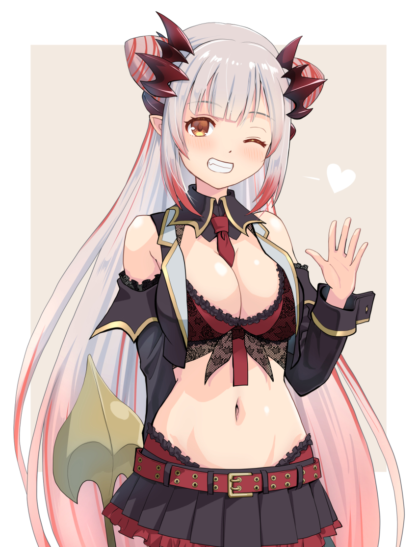 1girl bare_shoulders belt black_skirt blunt_bangs blush border bra breasts cleavage commentary_request crop_top demon_girl demon_horns demon_tail double_bun gradient_hair grin hair_between_eyes hair_bun haniwa_(leaf_garden) heart highres horns indie_virtual_youtuber large_breasts long_hair looking_at_viewer midriff multicolored_hair navel necktie one_eye_closed red_bra red_hair red_necktie skirt smile solo streaked_hair suou_patra suou_patra_(1st_costume) tail teeth underwear virtual_youtuber waving white_hair yellow_eyes