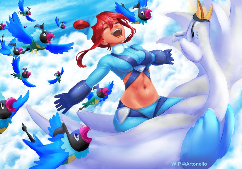 1girl anrtonell0 arms_at_sides beak bird breasts chatot closed_eyes cloud cloudy_sky crop_top flying gen_4_pokemon gen_5_pokemon gloves highres long_hair nintendo pokemon pokemon_bw red_hair riding sky skyla_(pokemon) swanna teeth wings