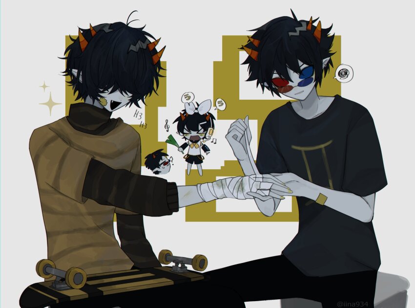 &gt;_&lt; 2boys =_= ? alternate_costume annoyed applying_bandages archived_source arm_warmers bandages bandaid bandaid_on_arm bandaid_on_face black_hair black_pants black_sailor_collar black_shorts blank_eyes blood blood_on_arm blood_on_hands bloody_bandages blue-tinted_eyewear blue_sclera blush bow chibi chibi_inset colored_sclera colored_skin commentary cosplay english_commentary fang gemini_(zodiac) glasses grey_skin hair_bow hair_ornament hairclip headphones heterochromatic_eyewear highres homestuck horns iina934 kagamine_rin kagamine_rin_(cosplay) laughing long_sleeves male_focus messy_hair mituna_captor multiple_boys multiple_horns musical_note neckerchief open_mouth orange_horns pants pointy_ears red-tinted_eyewear red_sclera sailor_collar shirt shirt_under_shirt short_hair short_sleeves shorts shoulder_tattoo sitting sitting_on_object skateboard sleeveless sleeveless_shirt small_sweatdrop smile sollux_captor sparkle speech_bubble spoken_squiggle spring_onion squiggle striped_clothes striped_shirt tattoo tinted_eyewear treble_clef troll_(homestuck) turtleneck two-tone_background vocaloid white_background white_bow white_shirt yellow_nails yellow_neckerchief zodiac
