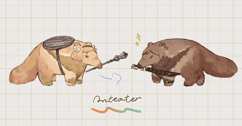 animal_focus anteater bow brown_hairband devilgoodbaby green_eyes grid_background hair_bow hairband highres ishmael_(project_moon) limbus_company mace mouth_hold no_humans outis_(project_moon) project_moon shield simple_background sword watch weapon white_background white_bow wristwatch