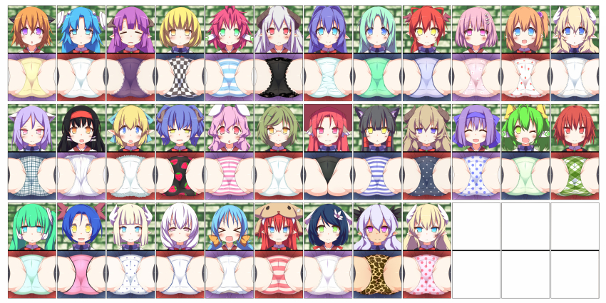 &gt;_&lt; 6+girls :d :o ;d ahoge animal_ears animal_print aqua_eyes black_hair black_legwear black_panties blonde_hair blue_eyes blue_hair blue_panties blush brick brick_wall brown_hair character_request chart checkered_clothes checkered_panties chikyuujin_a closed_eyes copyright_request fang female_focus floral_print flower food_print from_below fruit_print glasses green_eyes green_hair green_panties hair_bobbles hair_flower hair_ornament hair_ribbon hairband hairclip hairpods hat head_wings highres horns leopard_print light_brown_hair light_purple_hair long_hair looking_at_viewer multiple_girls one_eye_closed one_side_up open_mouth orange_eyes panties pink_eyes pink_hair pink_panties plaid_clothes plaid_panties pointy_ears polka_dot polka_dot_panties ponytail print_panties purple_eyes purple_hair purple_panties red_eyes red_hair ribbon short_hair skirt smile strawberry_print striped_clothes striped_panties thighhighs twintails underwear upskirt white_hair white_legwear white_panties wings wink yellow_eyes yellow_panties