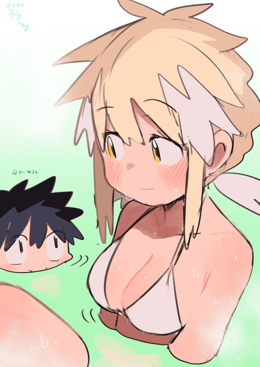 1boy 1girl bath bikini black_hair blonde_hair blush breasts cleavage eyelashes highres itoriyo medium_breasts medium_hair mother_and_son nakamura_shizuki nakamura_yuto raisei_no_ryu_tsukai shared_bathing sidelocks steam sweat swimsuit white_bikini yellow_eyes