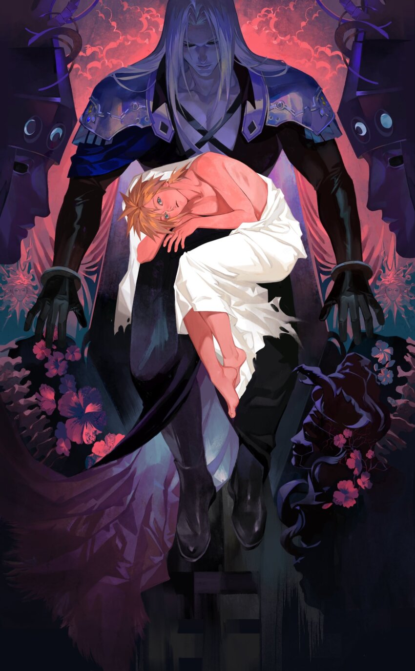 2boys age_difference aged_down alina99liang armor barefoot black_boots black_gloves blonde_hair blue_eyes blush boots checkered_floor closed_mouth cloud_strife dress final_fantasy final_fantasy_vii floating flower gloves glowing grey_hair highres jenova lap_pillow long_hair looking_at_another looking_down male_focus multiple_boys on_lap on_person parted_lips pauldrons ponytail sephiroth short_hair shoulder_armor smoke snake spiked_hair symbolism torn_clothes torn_dress veil white_dress yaoi