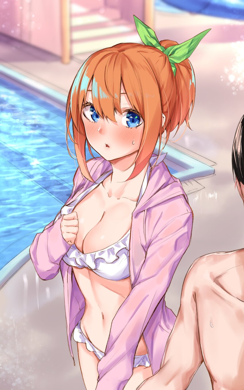 1boy 1girl absurdres alternate_hairstyle bikini blue_eyes blush bow breasts cleavage collarbone commentary_request frilled_bikini frills go-toubun_no_hanayome green_bow hair_bow hand_on_own_chest highres holding_hands jacket medium_breasts medium_hair nakano_yotsuba navel open_clothes open_jacket orange_hair out_of_frame parted_lips pink_jacket poolside sahara386 sidelocks sideways_glance solo_focus sweat swimsuit uesugi_fuutarou walking water white_bikini