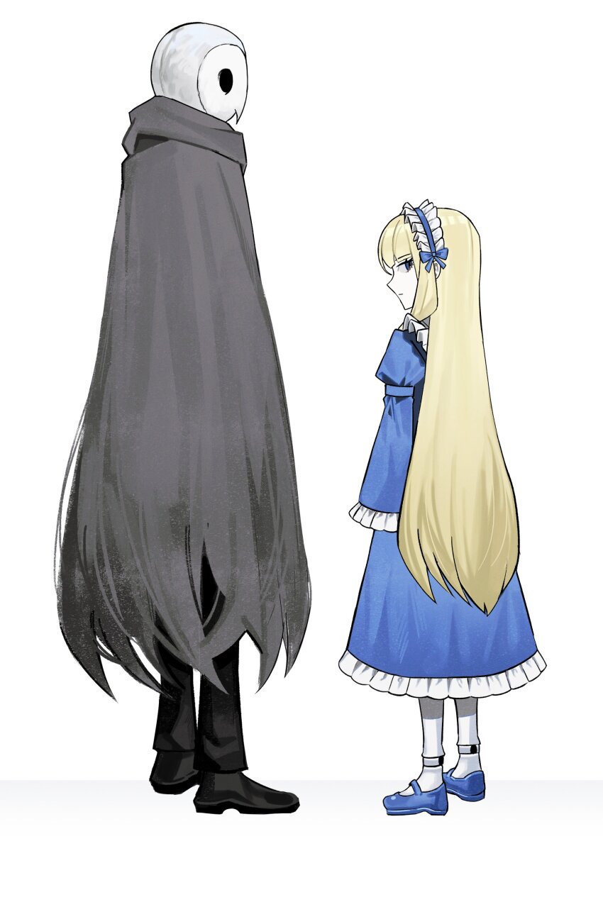 1boy 1girl absurdres animal_head asdf1211950 black_pants black_souls black_souls_2 blonde_hair blue_dress blue_eyes blue_footwear closed_mouth doll_alice_(black_souls) doll_joints dress frilled_dress frilled_sleeves frills full_body grey_cloak highres joints juliet_sleeves long_hair long_sleeves looking_at_viewer lorde_(black_souls) mary_janes owl_boy pants pantyhose puffy_sleeves shoes sidelocks simple_background very_long_hair white_background white_pantyhose