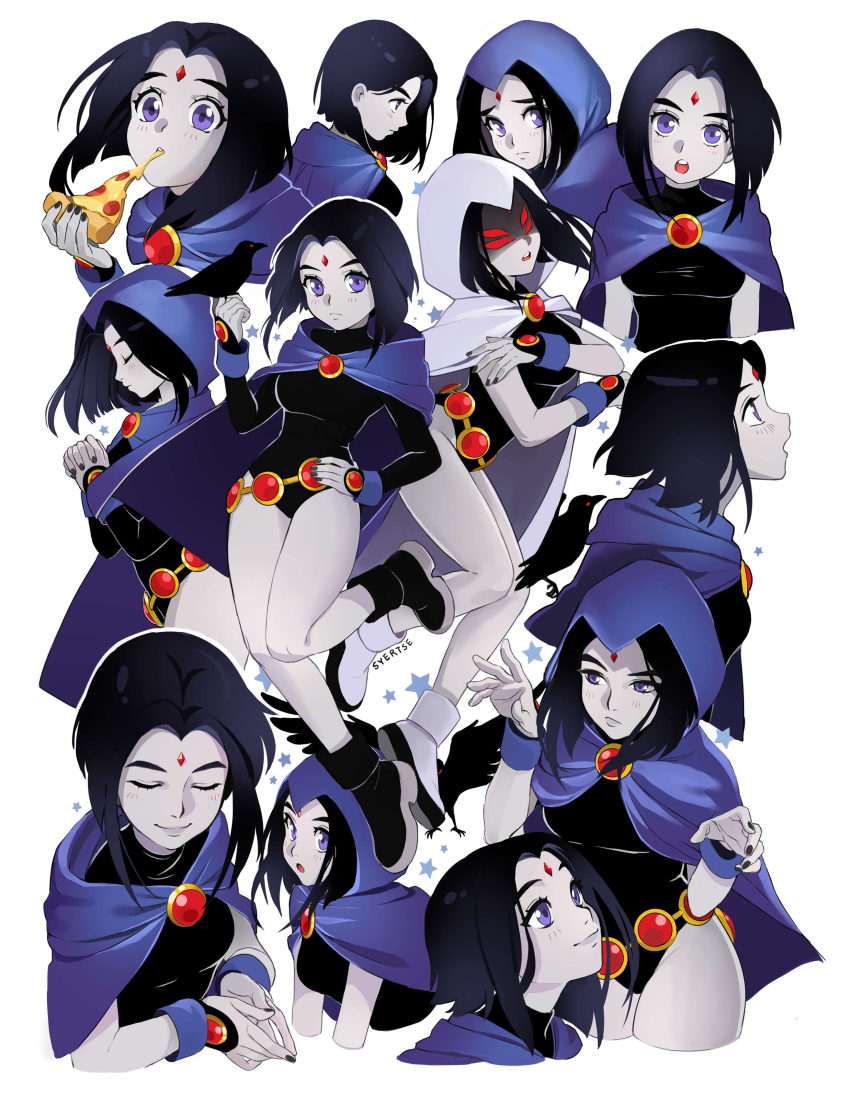 absurdres bird black_leotard black_nails boots cloak colored_skin crow dc_comics eating extra_eyes food forehead_jewel grey_skin hand_on_own_hip highres hood hooded_cloak leotard light_blush multiple_persona nail_polish own_hands_together pizza purple_eyes raven_(dc) red_eyes simple_background sleeved_leotard smile superhero_costume syertse teen_titans