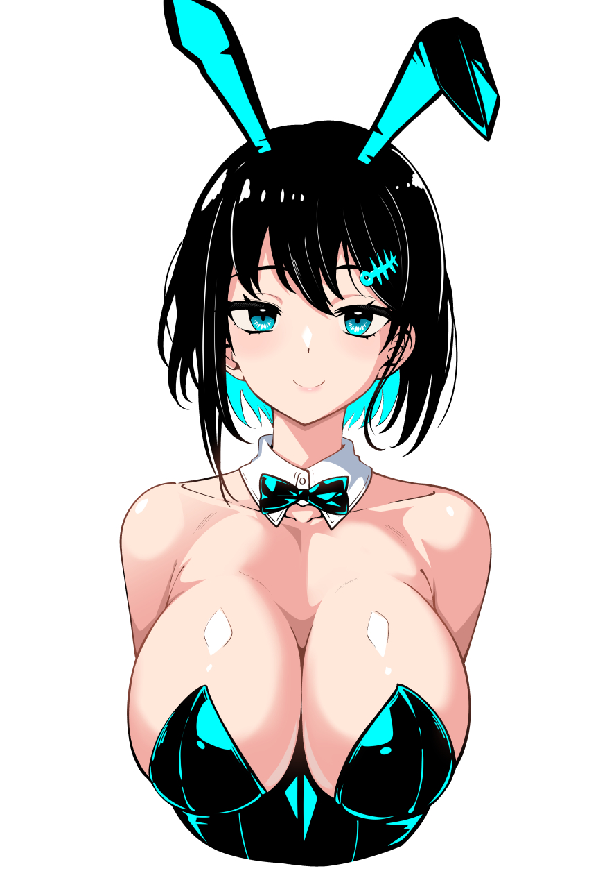 1girl absurdres animal_ears bare_shoulders black_hair black_leotard blush bow bowtie breasts cleavage detached_collar fake_animal_ears hair_ornament hairclip highres large_breasts leotard looking_at_viewer original playboy_bunny rabbit_ears sekai_saisoku_no_panda short_hair smile solo