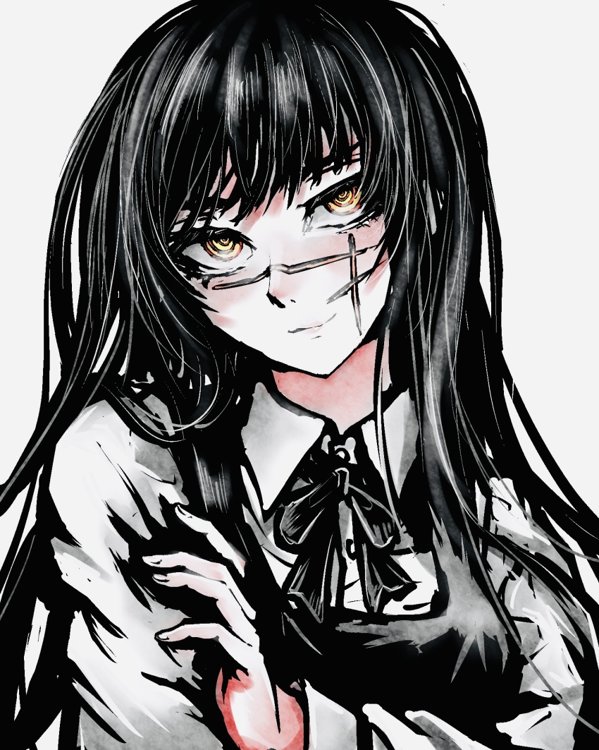 1girl black_dress black_hair chainsaw_man closed_mouth collared_shirt dress facial_scar fourth_east_high_school_uniform highres long_hair pinafore_dress ringed_eyes scar scar_on_cheek scar_on_face scar_on_nose school_uniform shirt simple_background sleeveless sleeveless_dress solo tsukihi_shida white_background white_shirt yellow_eyes yoru_(chainsaw_man)