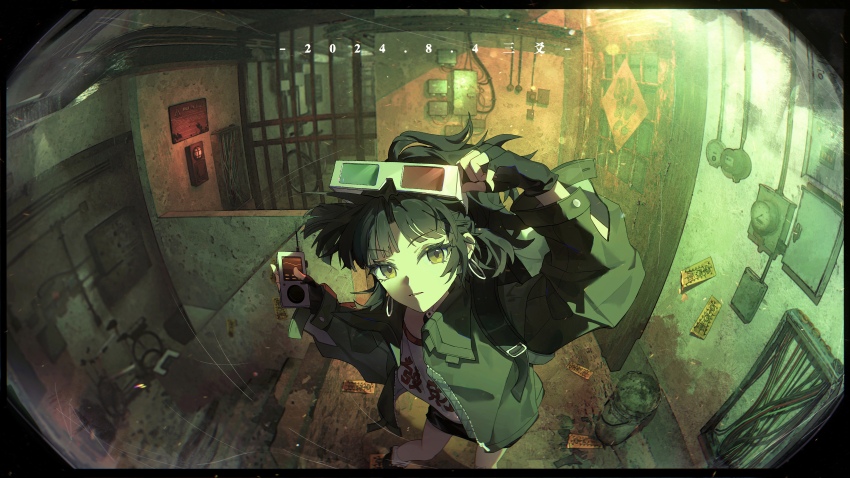 1girl 3d_glasses absurdres adjusting_eyewear an-an_lee backpack bag black_gloves black_hair black_skirt clothes_writing dao_fu device door doufang eyewear_on_head fingerless_gloves fisheye foot_out_of_frame from_above gloves good_fortune_symbol green_jacket green_theme hallway hand_on_eyewear highres holding indoors jacket long_hair looking_at_viewer ofuda ponytail reverse:1999 sanyao shirt skirt solo stairs standing white_shirt yellow_eyes