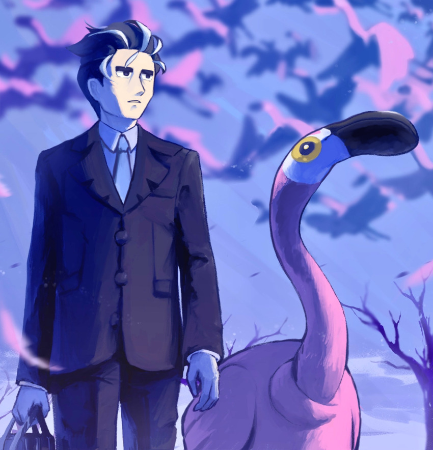 1boy bare_tree bird black_hair blurry buttons collared_shirt commentary_request flamigo flock highres holding jacket keekee_(rakugakizonbi) larry_(pokemon) long_sleeves male_focus necktie nintendo outdoors pants partial_commentary pokemon pokemon_(creature) pokemon_sv shirt short_hair sky tree