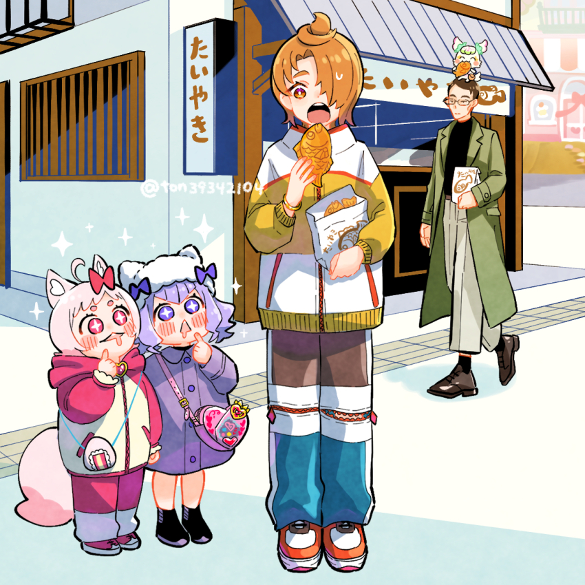 +_+ 2boys 2girls animal animal_ears animal_hat animal_on_head bag beanie black_hair black_shirt black_shoes black_socks blue_pants bow brown_pants building carrying cat_hat child closed_mouth coat coat_dress day delicious_party_precure dress eating finger_to_face food fox_ears fox_girl fox_tail glasses green_coat grey_pants hair_bow hair_over_one_eye handbag hat hirogaru_sky!_precure holding holding_bag hood hood_down hooded_jacket hugtto!_precure jacket kimi_to_idol_precure kome-kome kome-kome_(human) long_sleeves looking_at_another multicolored_pants multiple_boys multiple_girls on_head open_mouth orange_hair outdoors pants paper_bag pink_eyes pink_shoes precure purirun_(precure) purple_dress purple_eyes purple_hair red_bow red_eyes red_pants red_shoes ruru_amour saliva shirt shoes short_hair sneakers socks sparkle standing sweatdrop tail taiyaki tanaka_(precure) ton_(ton39342104) trench_coat triangle_mouth wagashi walking white_hat yellow_jacket yuunagi_tsubasa
