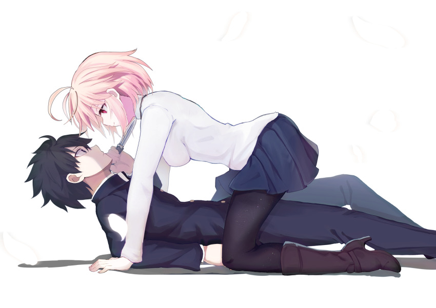 1boy 1girl ahoge arcueid_brunestud ass black_eyes black_hair blonde_hair boots breasts couple fukiya_(fumiakitoyama) girl_on_top highres holding holding_knife holding_weapon jewelry knife looking_at_another lying nanatsu-yoru necklace on_back on_floor pantyhose red_eyes school_uniform short_hair smile souya_high_school_uniform tohno_shiki tsukihime tsukihime_(remake) vampire weapon wide_hips